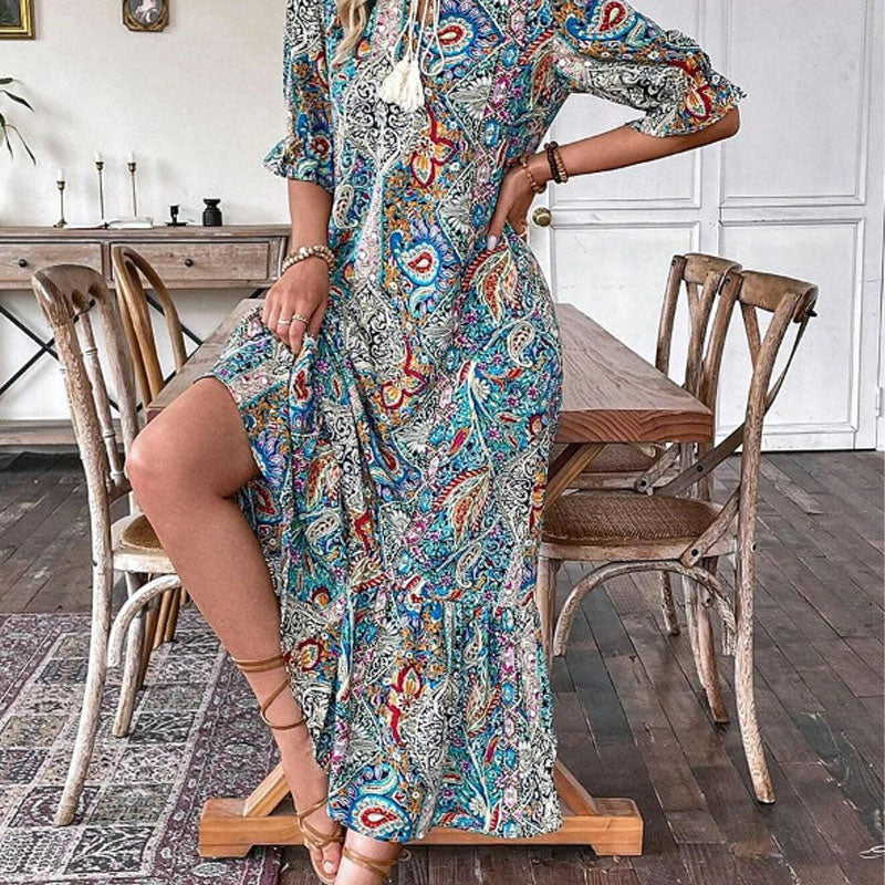 Robe Bohème Femme Imprimé Cachemire Col V Pompons