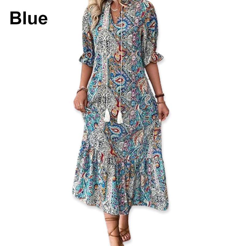 Robe Bohème Femme Imprimé Cachemire Col V Pompons