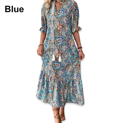 Robe Bohème Femme Imprimé Cachemire Col V Pompons