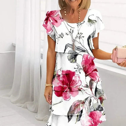 Robe Femme Fluide Volants Col Rond Manches Courtes