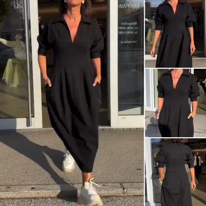 Robe midi Femme Fluide Col en V Taille Ajustée Manches Longues