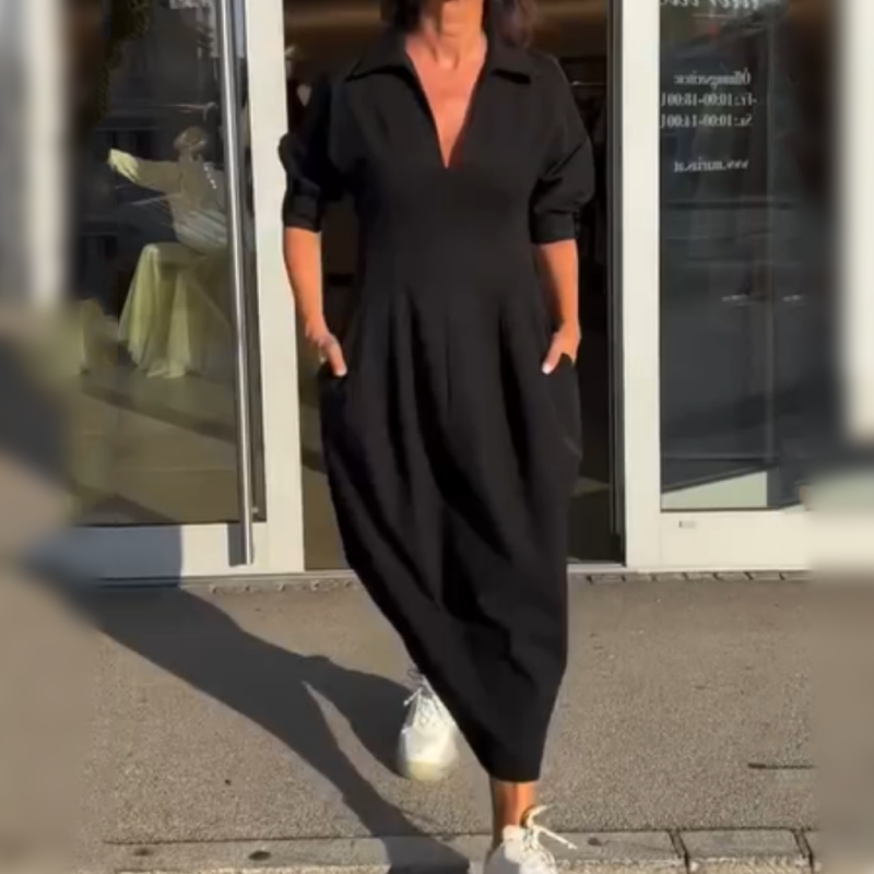 Robe midi Femme Fluide Col en V Taille Ajustée Manches Longues