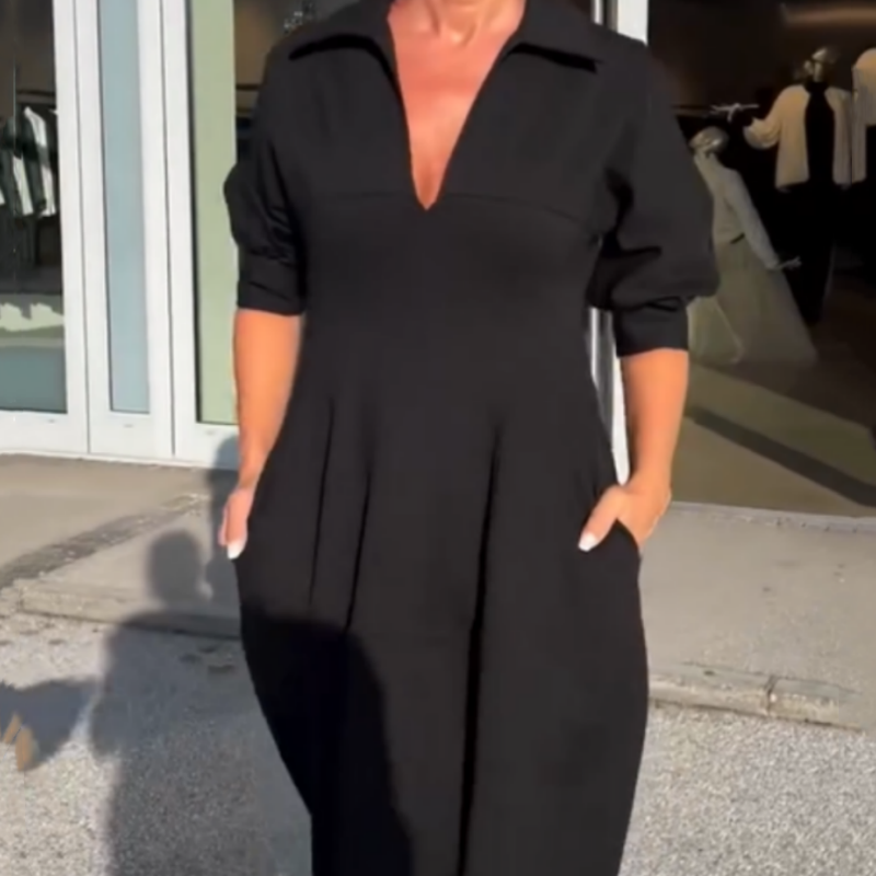 Robe midi Femme Fluide Col en V Taille Ajustée Manches Longues
