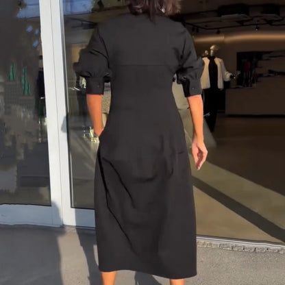 Robe midi Femme Fluide Col en V Taille Ajustée Manches Longues