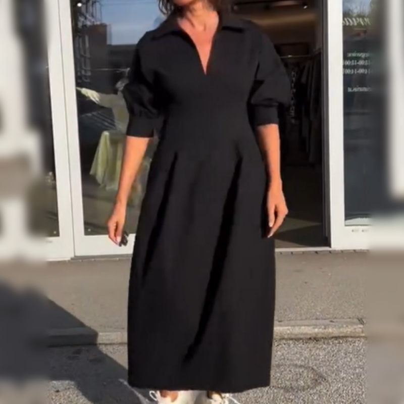 Robe midi Femme Fluide Col en V Taille Ajustée Manches Longues - PanierRoyale