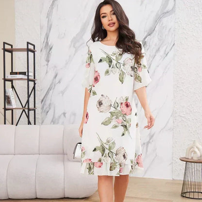 Robe Femme Mousseline Fluide Coupe A Manches Courtes