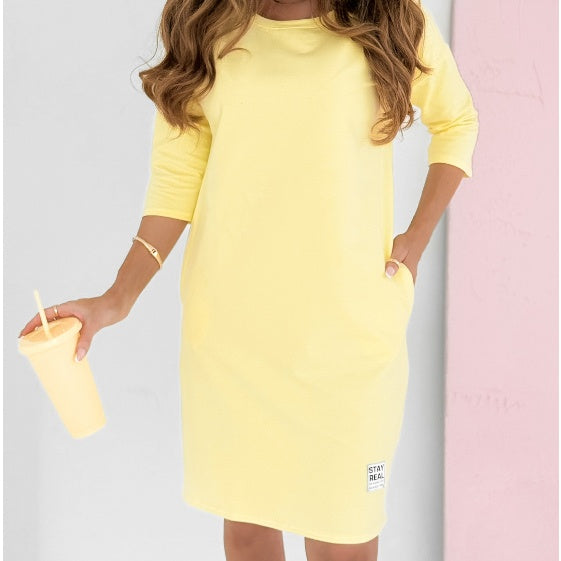 Robe Femme Col Rond Manches Longues Poches Coupe Décontractée