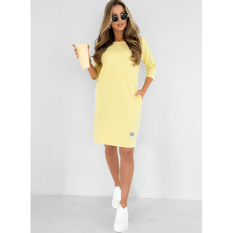 Robe Femme Col Rond Manches Longues Poches Coupe Décontractée
