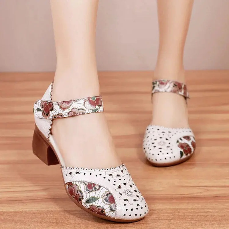 Chaussures Femme Cuir Ajouré Talon Bloc Bride Velcro Style Rétro