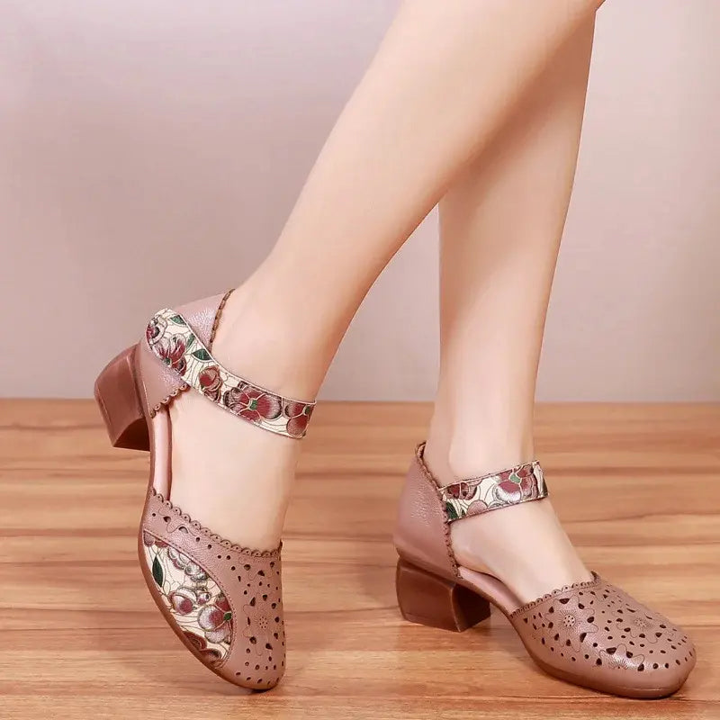 Chaussures Femme Cuir Ajouré Talon Bloc Bride Velcro Style Rétro - PanierRoyale