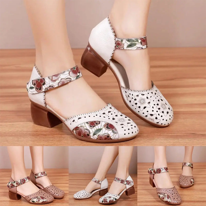 Chaussures Femme Cuir Ajouré Talon Bloc Bride Velcro Style Rétro
