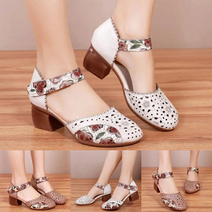 Chaussures Femme Cuir Ajouré Talon Bloc Bride Velcro Style Rétro