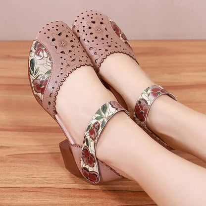 Chaussures Femme Cuir Ajouré Talon Bloc Bride Velcro Style Rétro