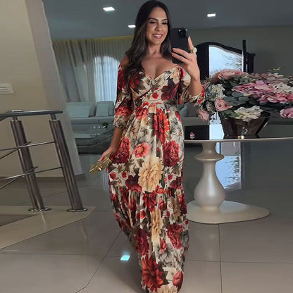 Robe Longue Femme Fluide Col en V Imprimé Floral Manches Courtes - PanierRoyale