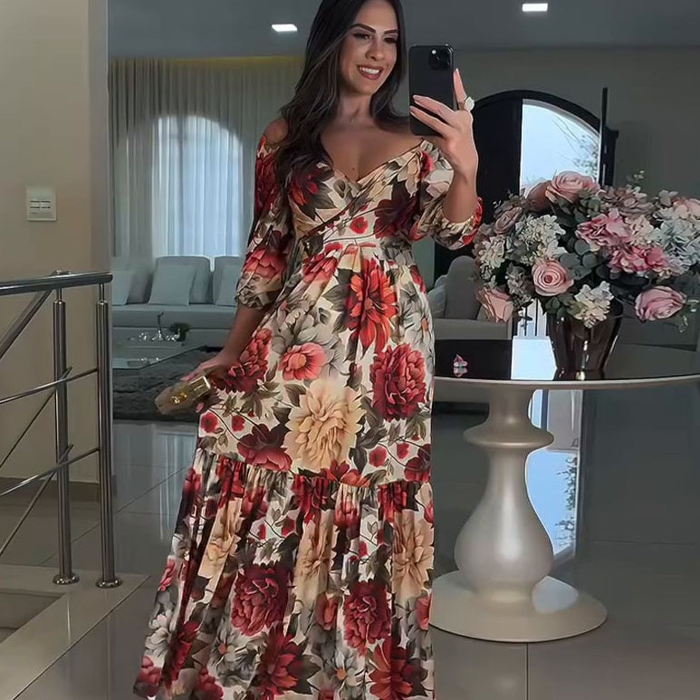 Robe Longue Femme Fluide Col en V Imprimé Floral Manches Courtes