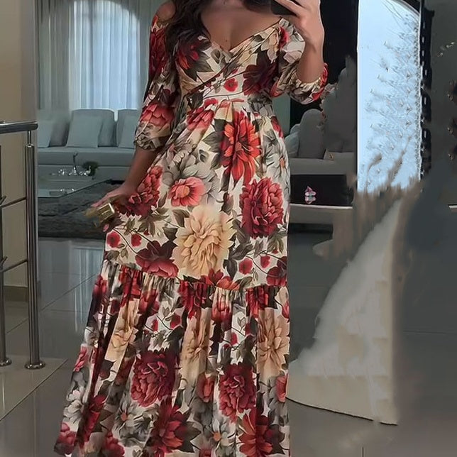 Robe Longue Femme Fluide Col en V Imprimé Floral Manches Courtes