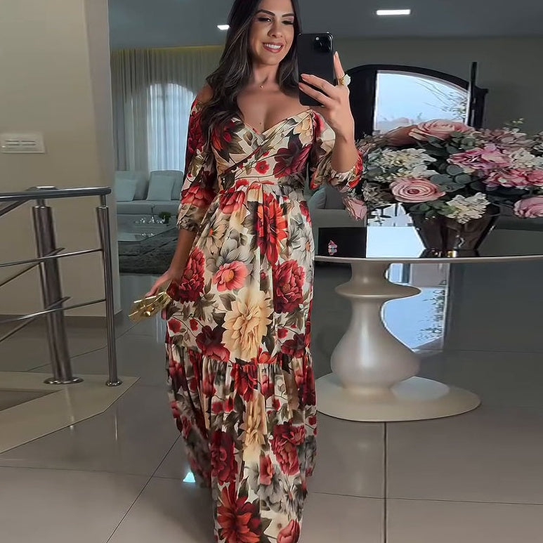 Robe Longue Femme Fluide Col en V Imprimé Floral Manches Courtes