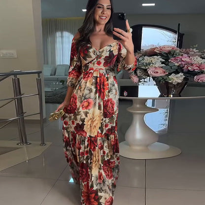 Robe Longue Femme Fluide Col en V Imprimé Floral Manches Courtes