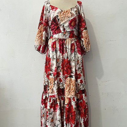 Robe Longue Femme Fluide Col en V Imprimé Floral Manches Courtes