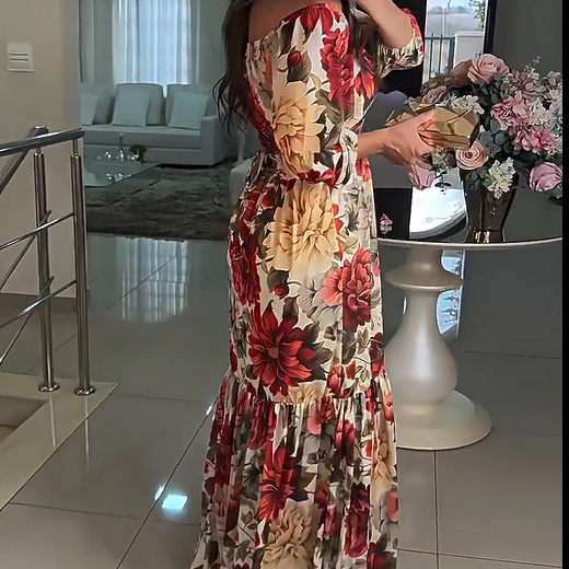 Robe Longue Femme Fluide Col en V Imprimé Floral Manches Courtes