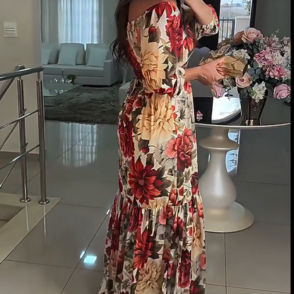 Robe Longue Femme Fluide Col en V Imprimé Floral Manches Courtes