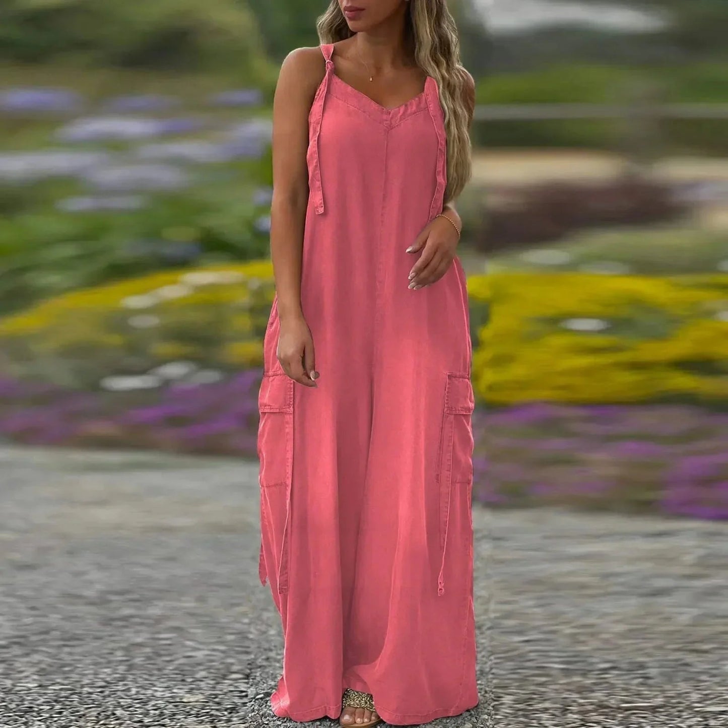 Robe longue Femme Fluide Bretelles Ajustables Poches Cargo