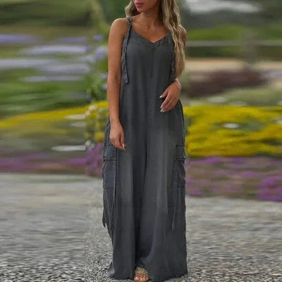 Robe longue Femme Fluide Bretelles Ajustables Poches Cargo