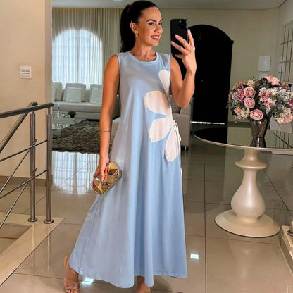 Robe Longue Femme Sans Manches Coupe Fluide Imprimé Floral