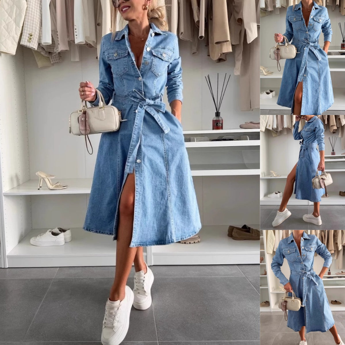 Robe Femme Denim Boutonnée Manches Longues Ceinture Ajustable - PanierRoyale