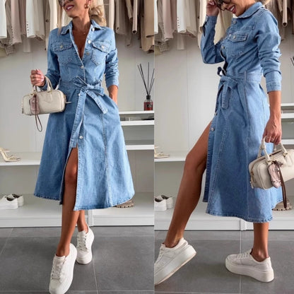 Robe Femme Denim Boutonnée Manches Longues Ceinture Ajustable