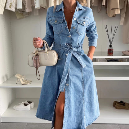 Robe Femme Denim Boutonnée Manches Longues Ceinture Ajustable