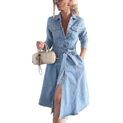 Robe Femme Denim Boutonnée Manches Longues Ceinture Ajustable