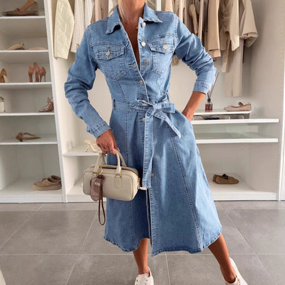 Robe Femme Denim Boutonnée Manches Longues Ceinture Ajustable