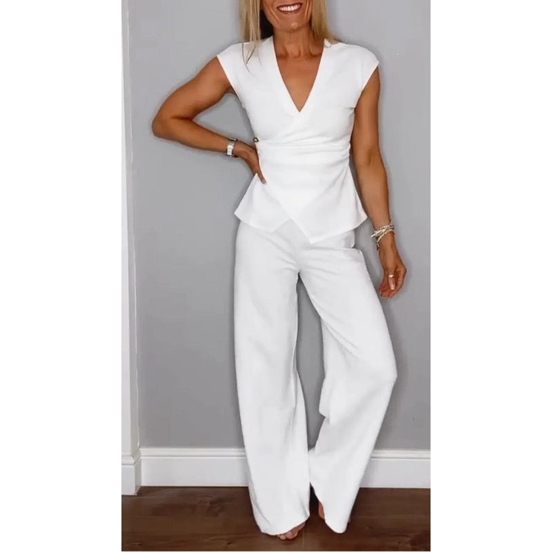 Ensemble Femme Col en V et Pantalon Fluide Coupe Moderne - PanierRoyale