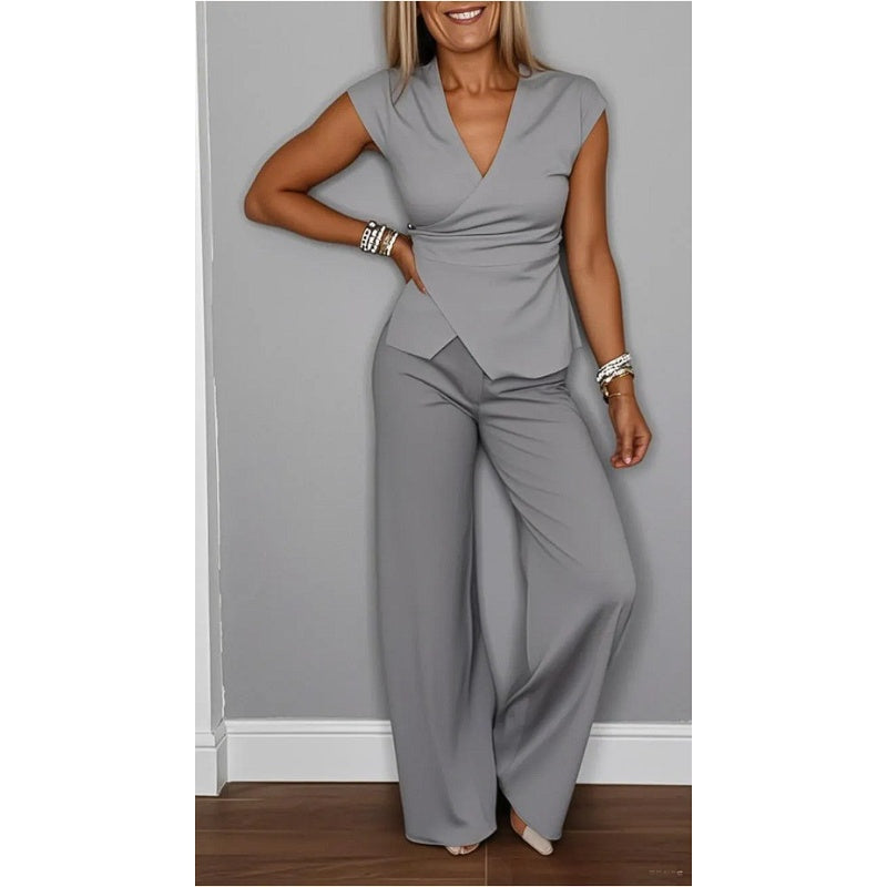 Ensemble Femme Col en V et Pantalon Fluide Coupe Moderne