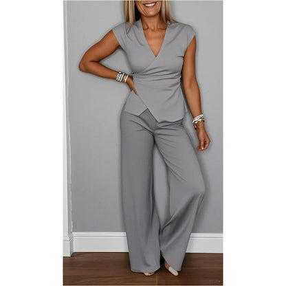 Ensemble Femme Col en V et Pantalon Fluide Coupe Moderne
