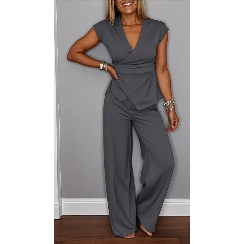 Ensemble Femme Col en V et Pantalon Fluide Coupe Moderne