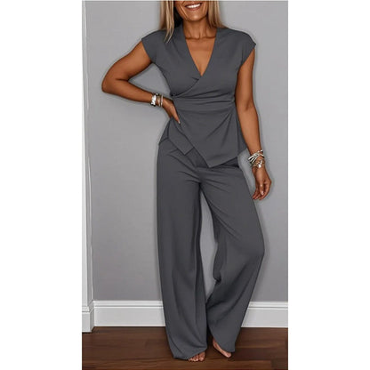Ensemble Femme Col en V et Pantalon Fluide Coupe Moderne