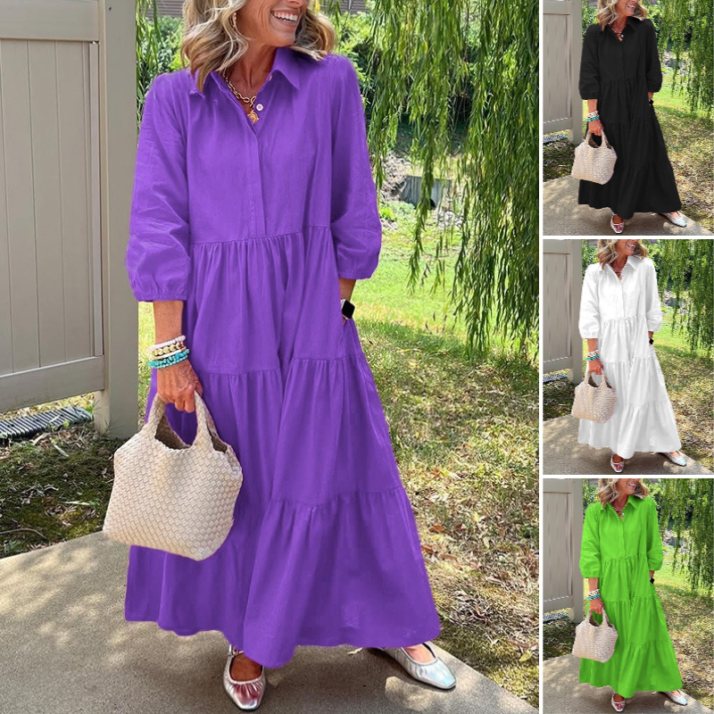 Robe Longue Femme Coupe Ample Col Revers Manches Longues