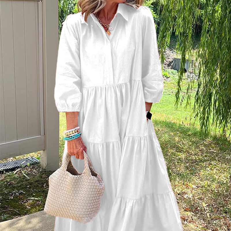Robe Longue Femme Coupe Ample Col Revers Manches Longues