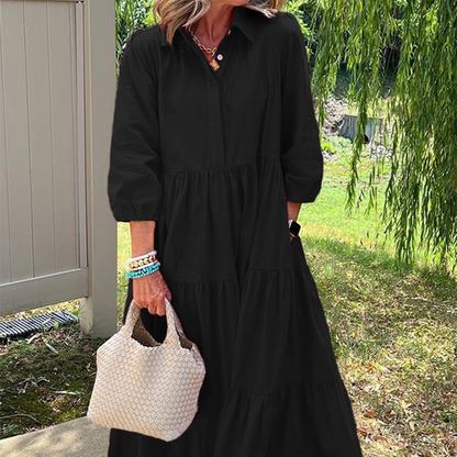 Robe Longue Femme Coupe Ample Col Revers Manches Longues