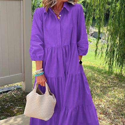 Robe Longue Femme Coupe Ample Col Revers Manches Longues - PanierRoyale
