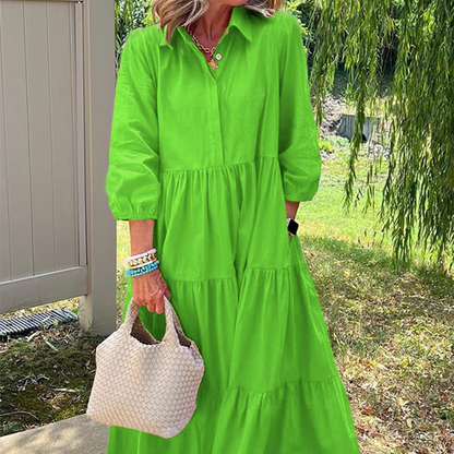 Robe Longue Femme Coupe Ample Col Revers Manches Longues