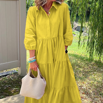 Robe Longue Femme Coupe Ample Col Revers Manches Longues