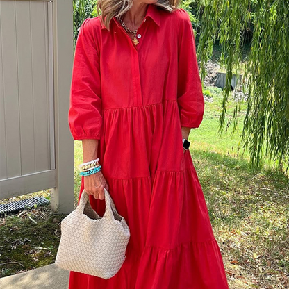 Robe Longue Femme Coupe Ample Col Revers Manches Longues