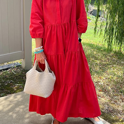 Robe Longue Femme Coupe Ample Col Revers Manches Longues