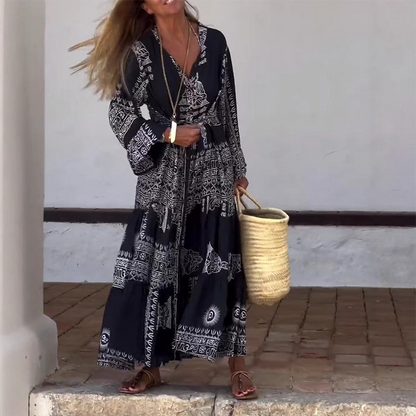 Robe Longue Femme Imprimé Ethnique Ceinturée Col V Manches Évasées - PanierRoyale
