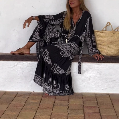 Robe Longue Femme Imprimé Ethnique Ceinturée Col V Manches Évasées