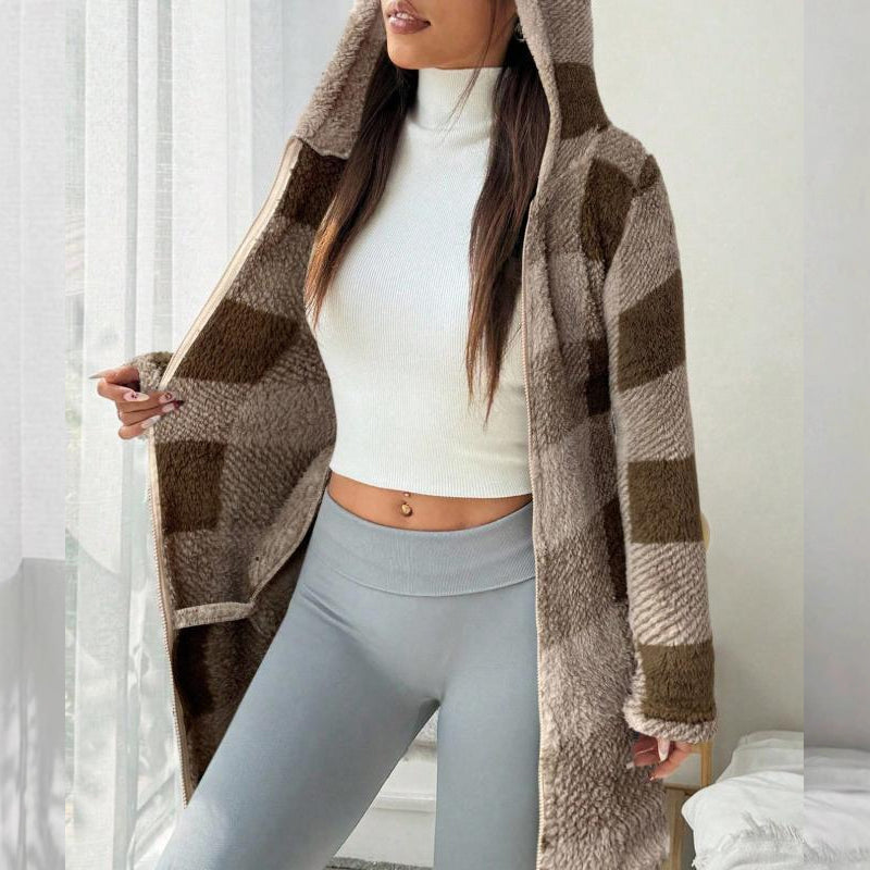 Veste Longue Femme à Carreaux avec Capuche Style Cosy - PanierRoyale