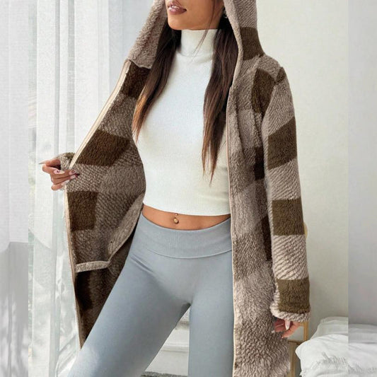 Veste Longue Femme à Carreaux avec Capuche Style Cosy - PanierRoyale